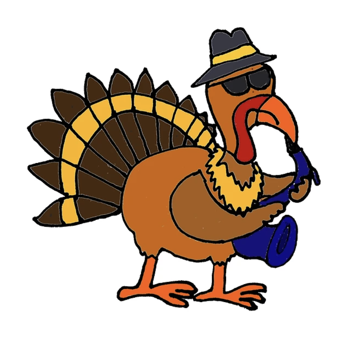 cartoon turkey wearing sunglasses and playing a saxophone cuz he funky and got soul